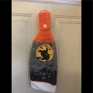 Witch, pumpkins and cat Halloween dish towel